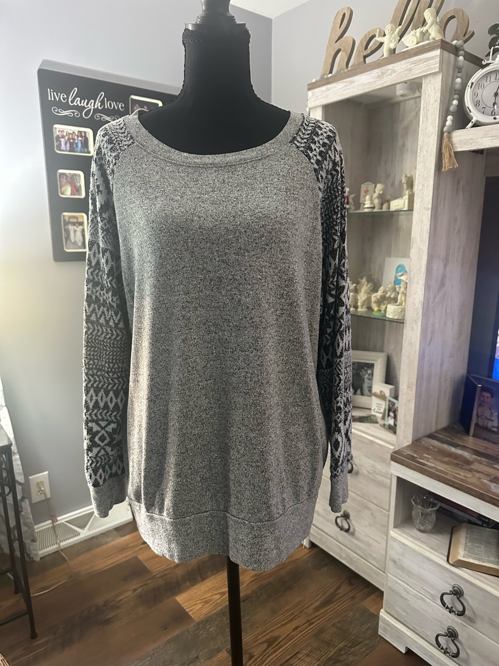 Le Lis Gray Crewneck Sweater with Black Patterned Sleeves PTP 23